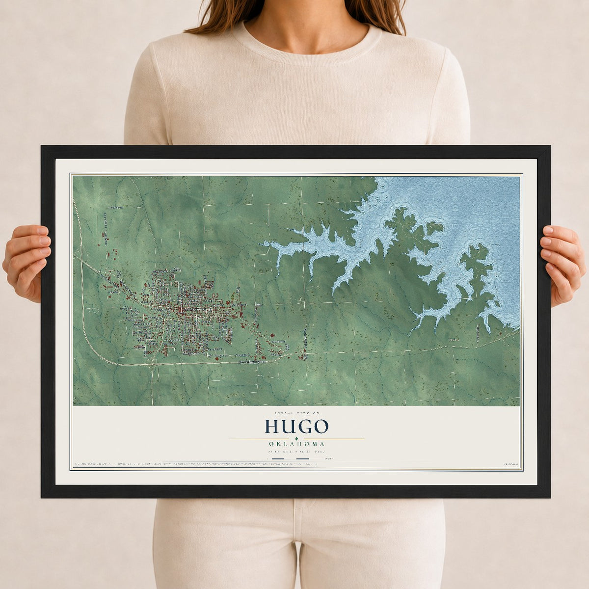 Map of Hugo, Oklahoma, 12 x 18 inch print in a black wood frame