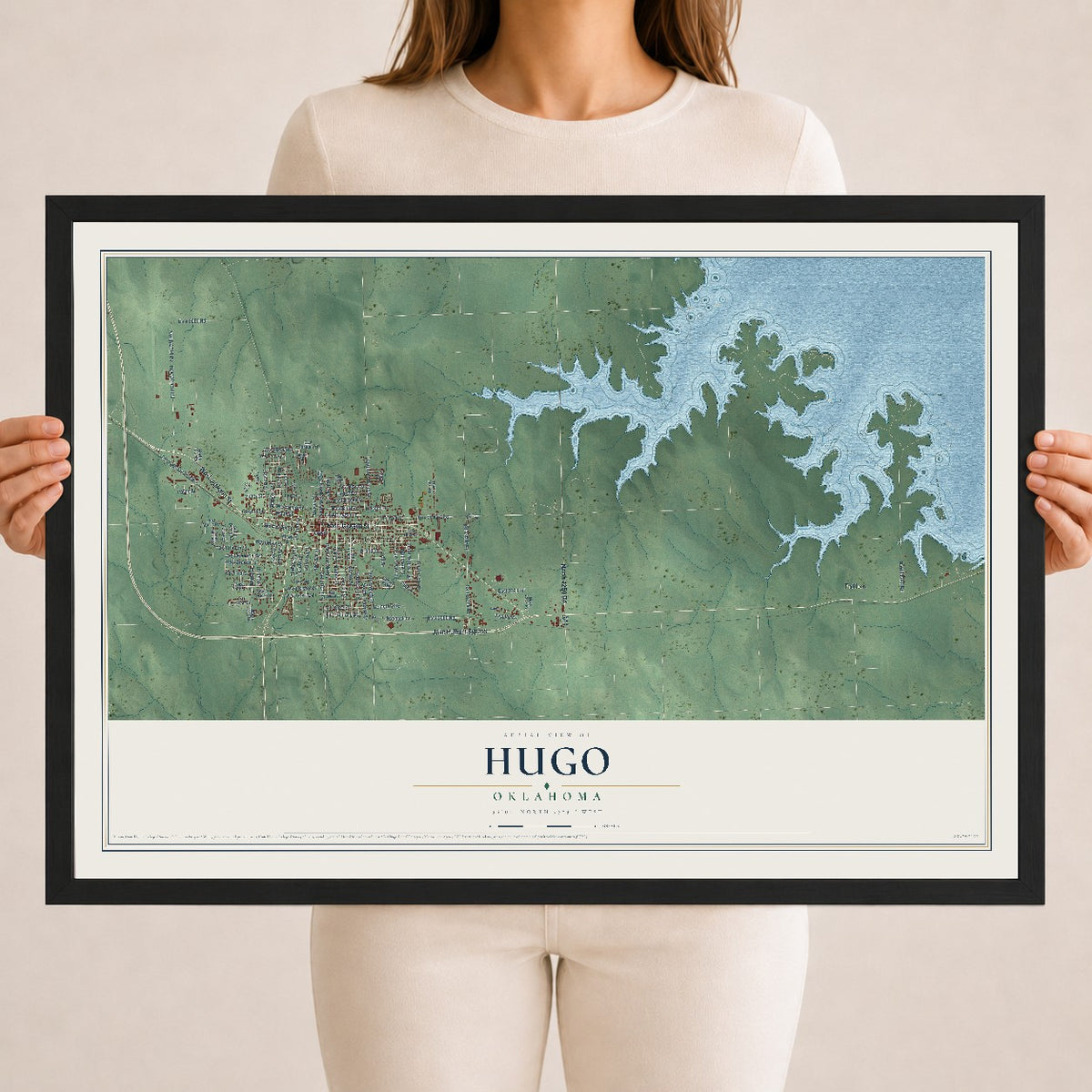Map of Hugo, Oklahoma, 18 x 24 inch print in a black wood frame