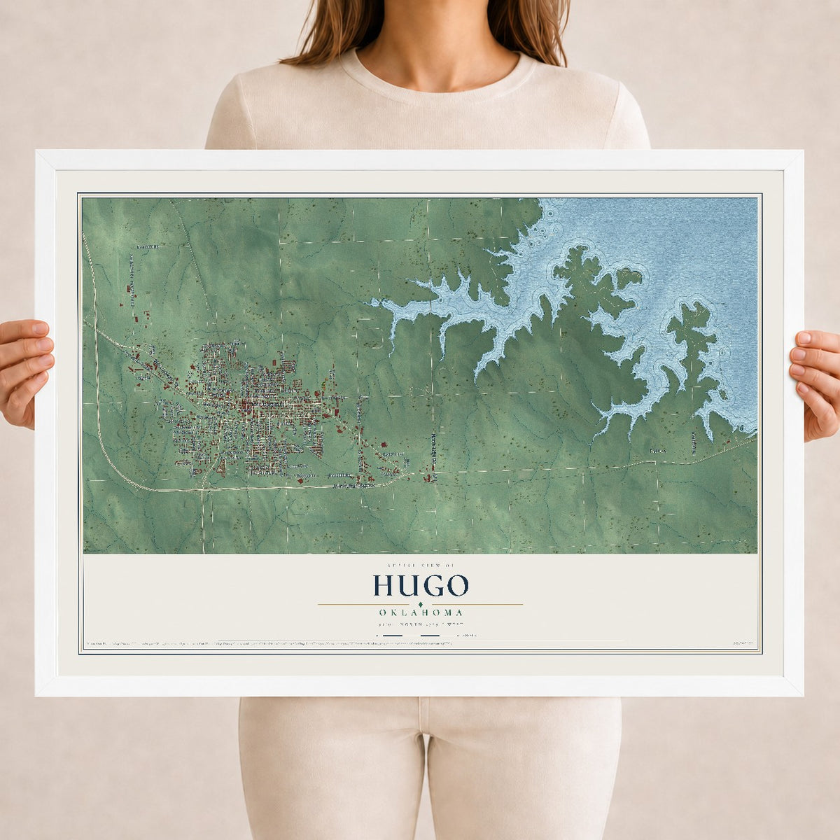 Map of Hugo, Oklahoma, 18 x 24 inch print in a white wood frame