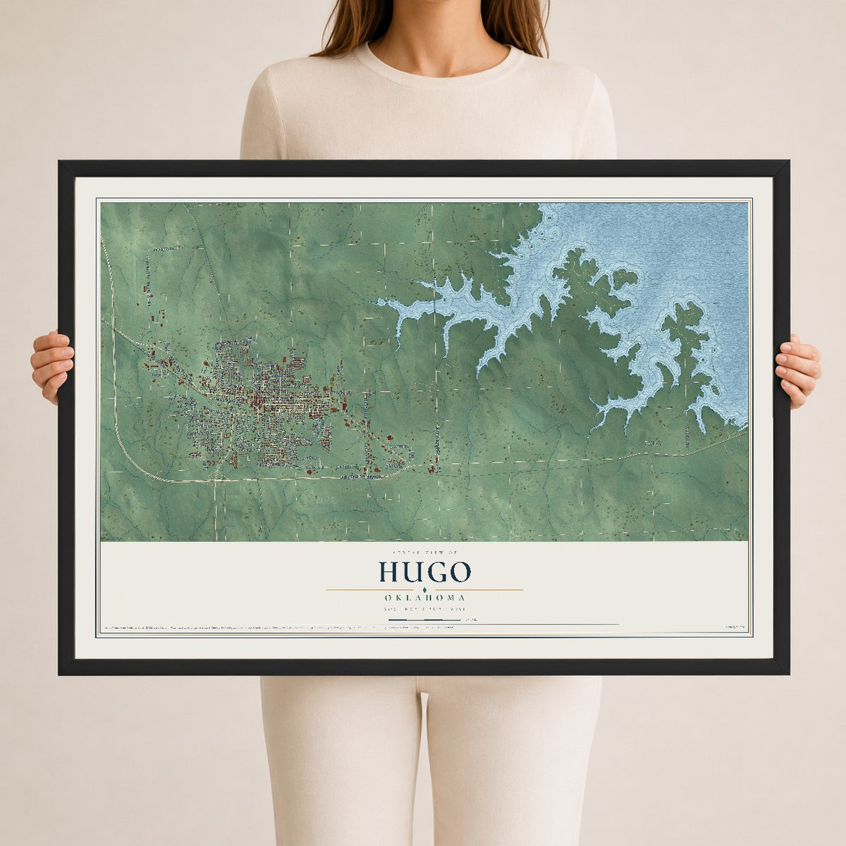 Map of Hugo, Oklahoma, 24 x 36 inch print in a black wood frame
