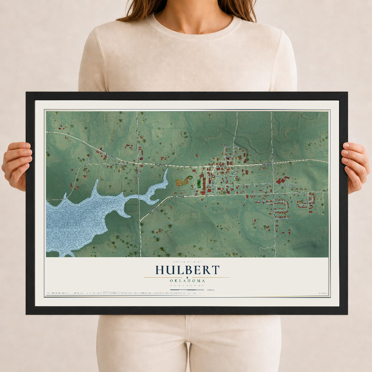 Map of Hulbert, Oklahoma, 12 x 18 inch print in a black wood frame