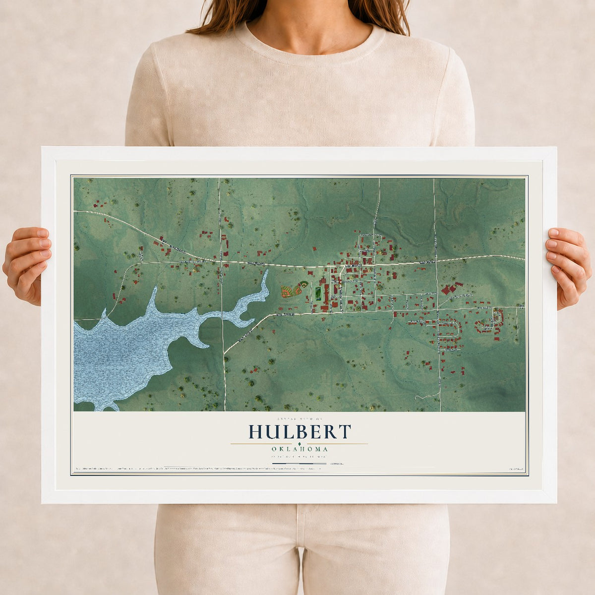 Map of Hulbert, Oklahoma, 12 x 18 inch print in a white wood frame