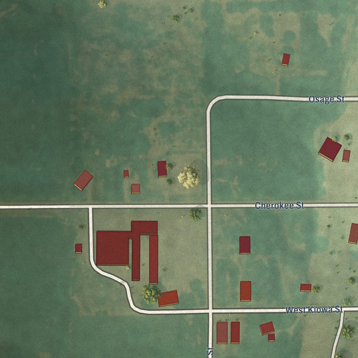 Second close-up of the map of Hunter, Oklahoma print showing more streets and buildings