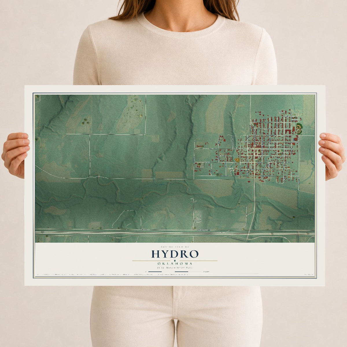 Map of Hydro, Oklahoma, 12 x 18 inch unframed archival matte print