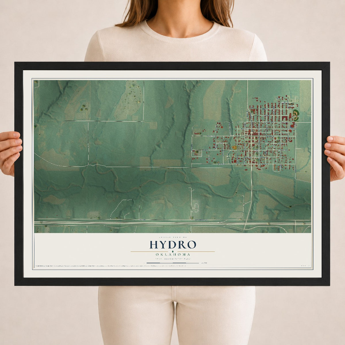 Map of Hydro, Oklahoma, 18 x 24 inch print in a black wood frame