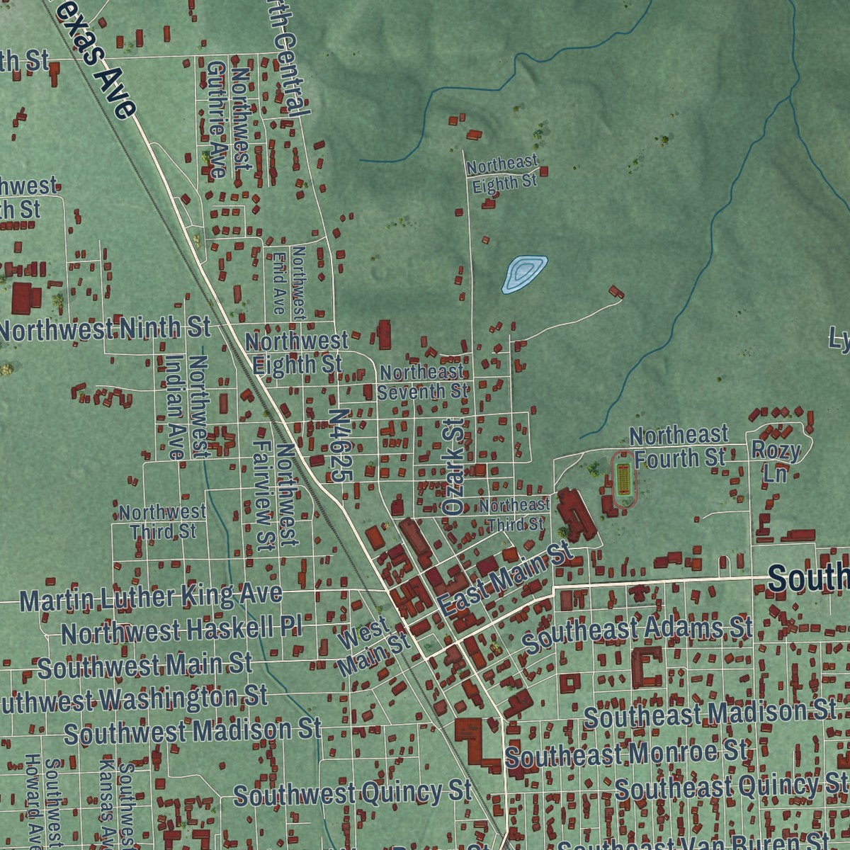 Close-up of the map of Idabel, Oklahoma print showing street and building detail
