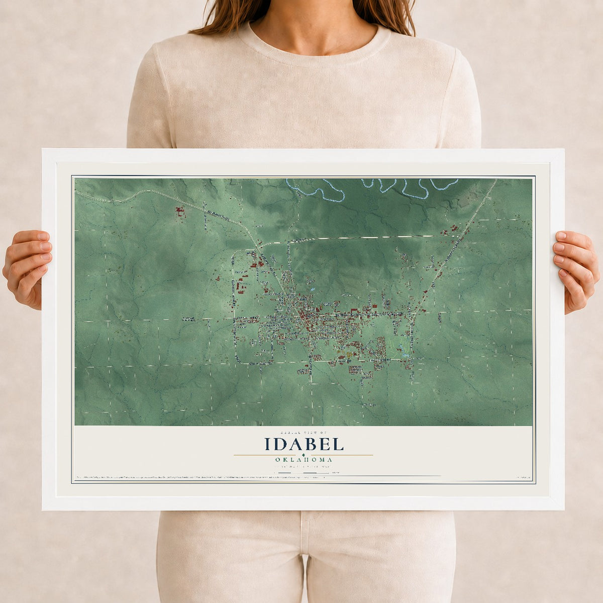 Map of Idabel, Oklahoma, 12 x 18 inch print in a white wood frame