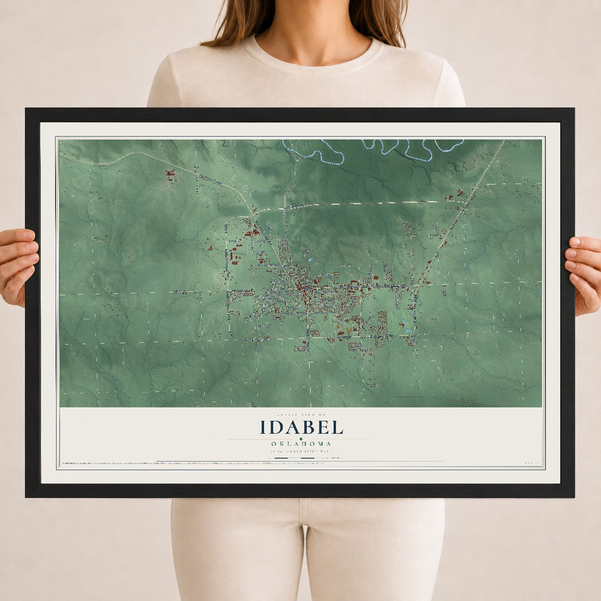 Map of Idabel, Oklahoma, 18 x 24 inch print in a black wood frame