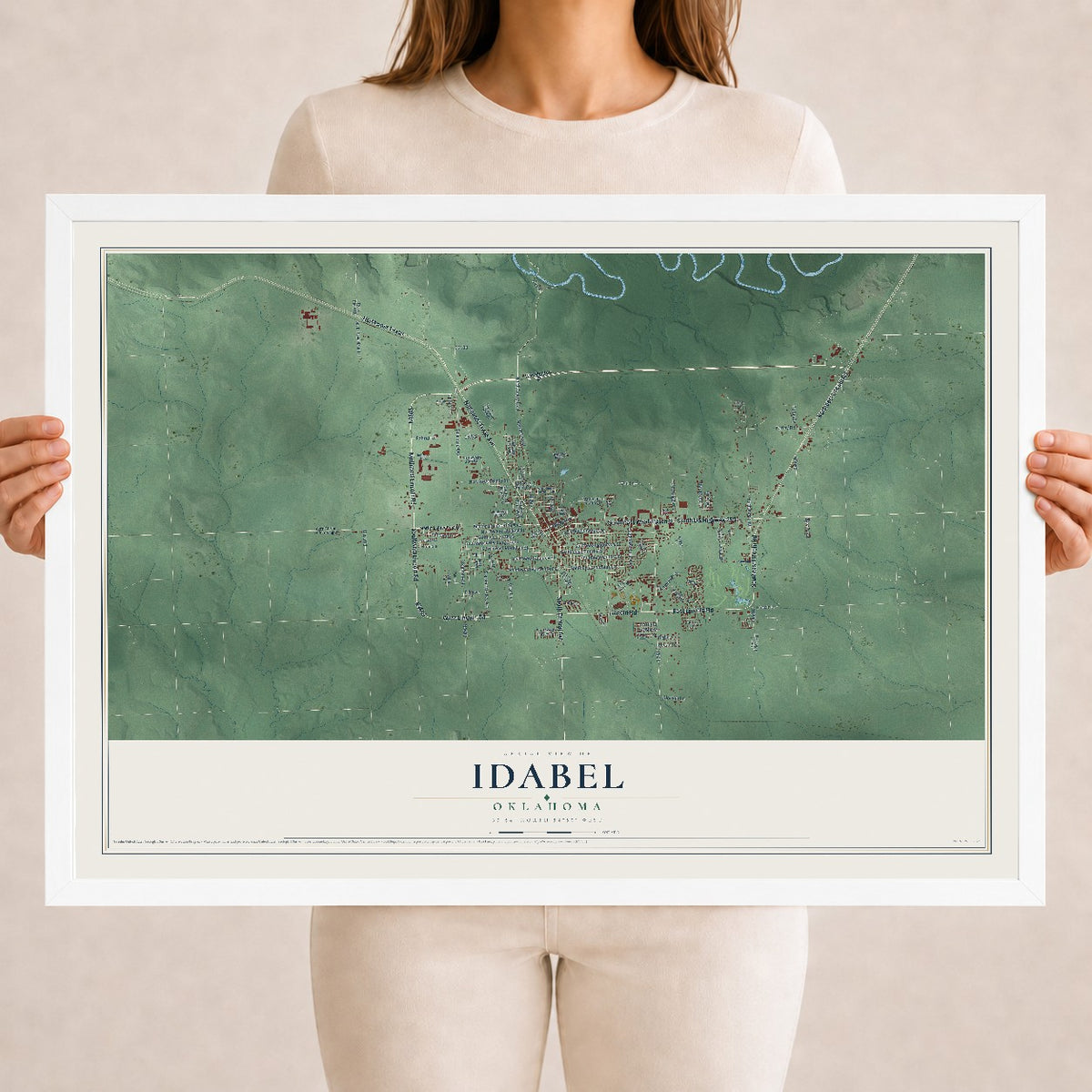 Map of Idabel, Oklahoma, 18 x 24 inch print in a white wood frame
