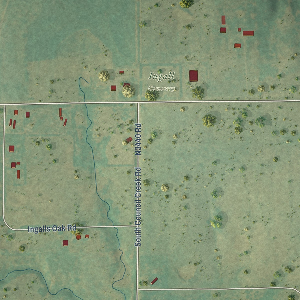 Close-up of the map of Ingalls, Oklahoma print showing street and building detail