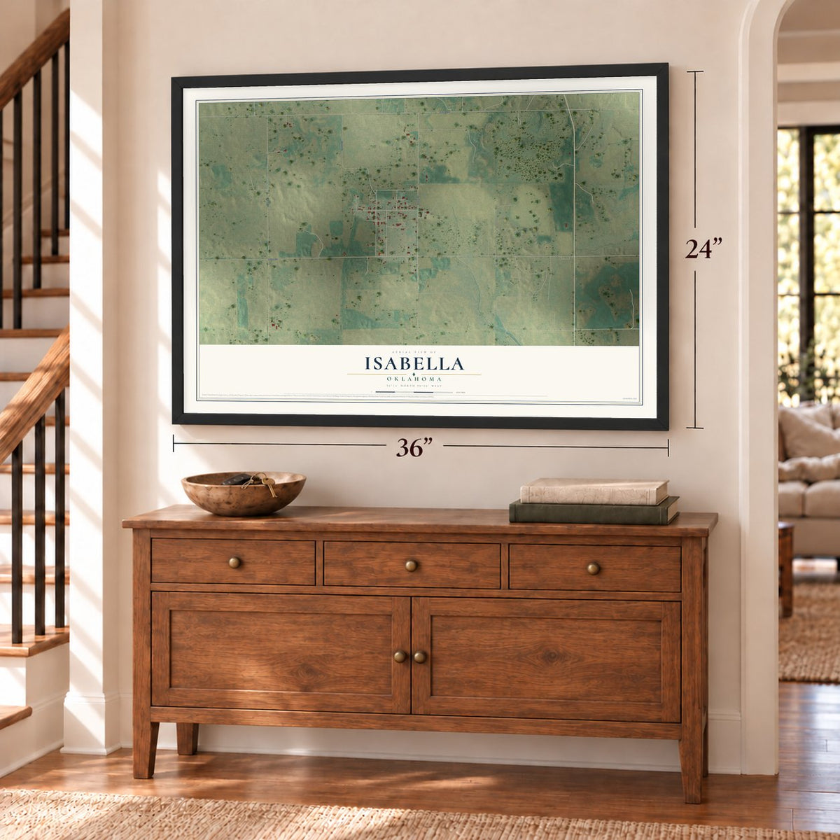 Isabella, Oklahoma map, 24 x 36 inch print in a black frame above a dresser by a staircase