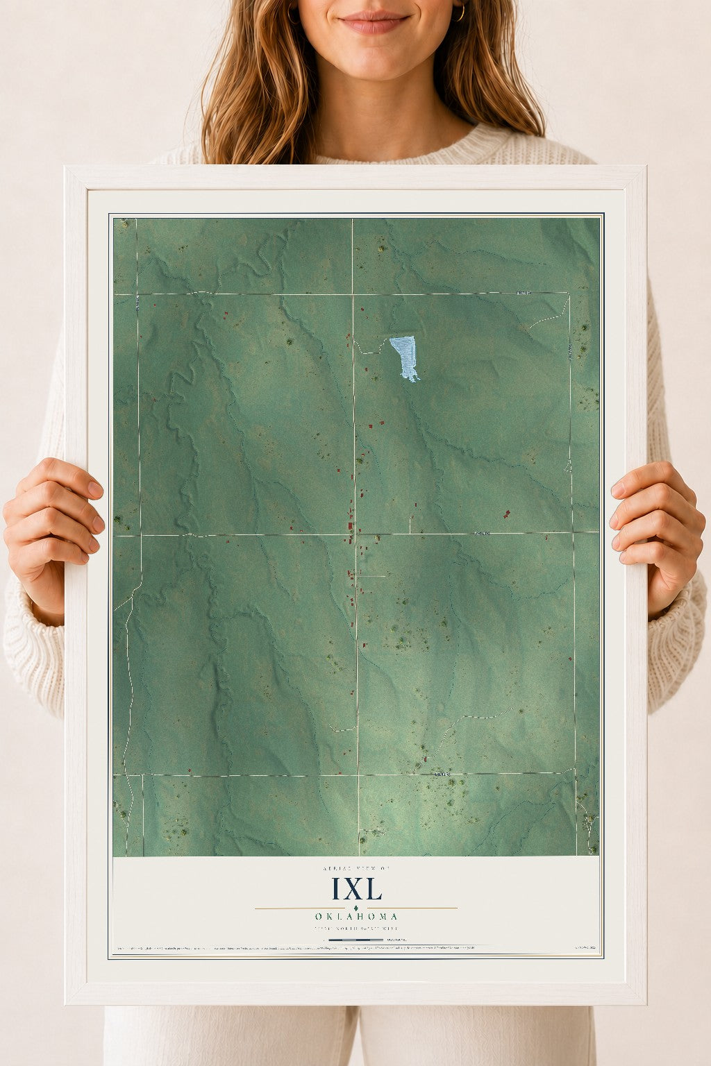 Map of IXL, Oklahoma, 18 x 24 inch print in a white wood frame