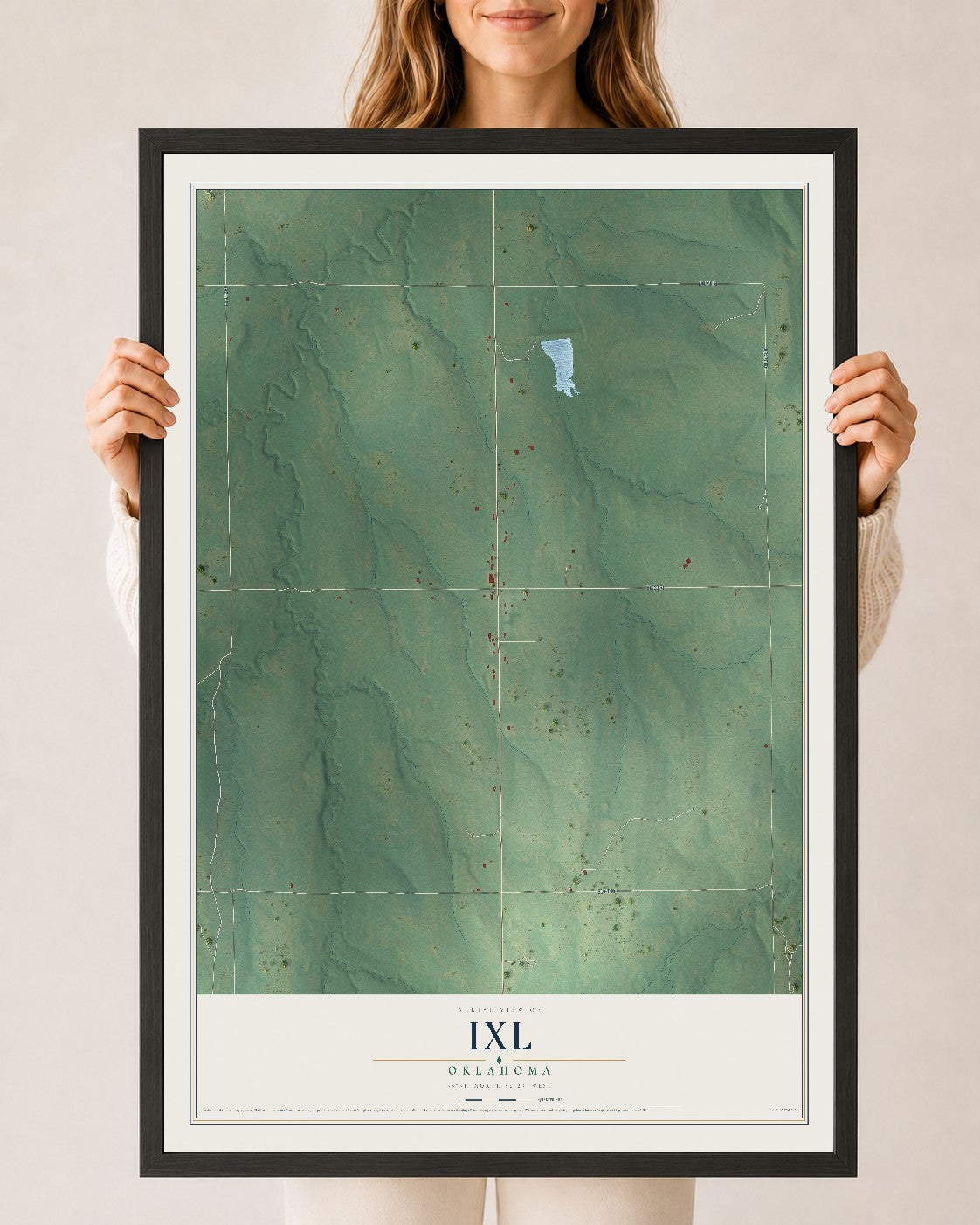 Map of IXL, Oklahoma, 24 x 36 inch print in a black wood frame