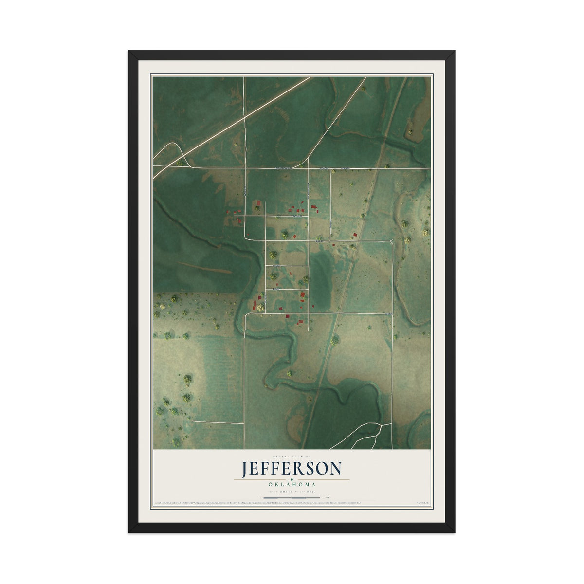 Map of Jefferson, Oklahoma, 12 x 18 inch print in a black wood frame