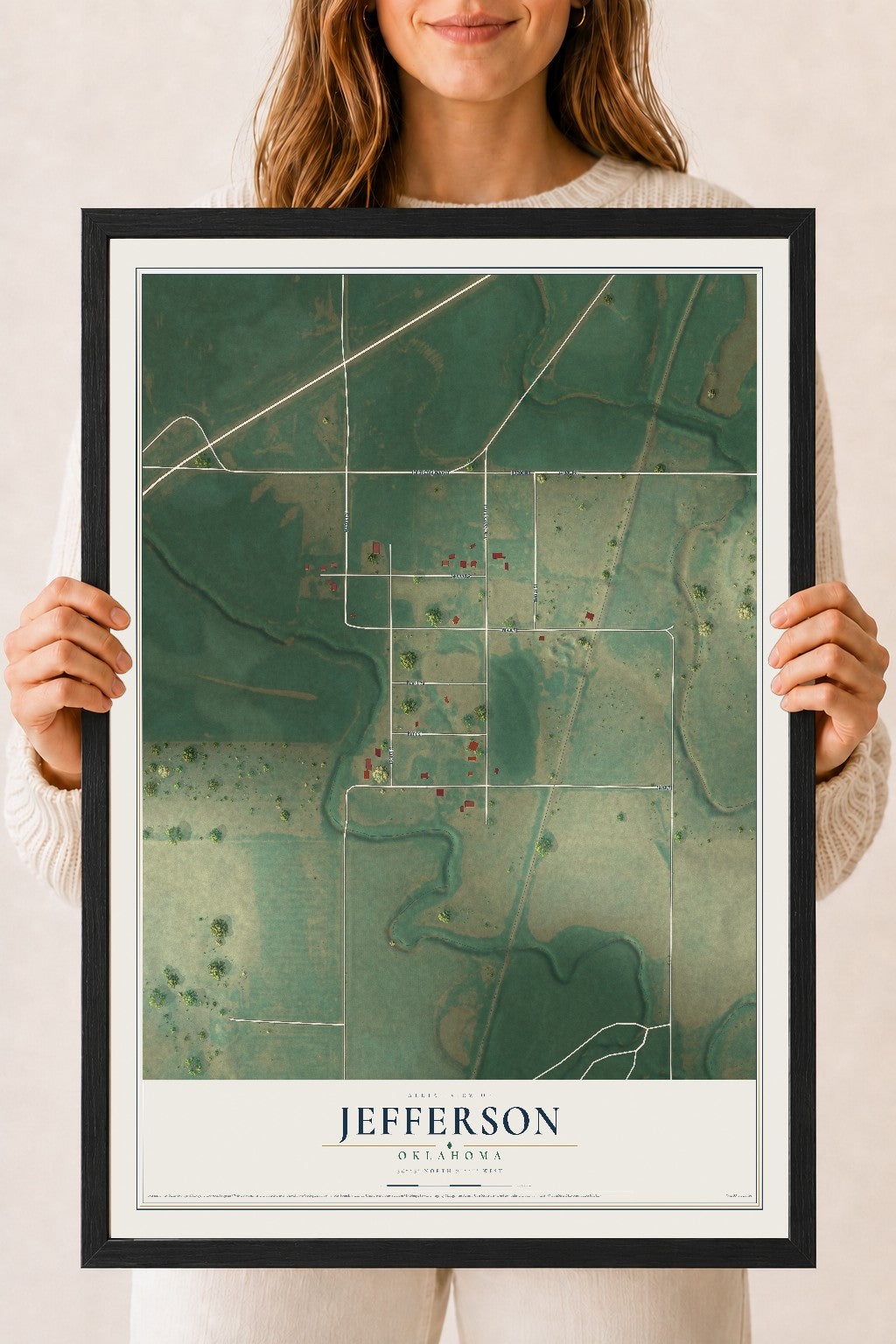 Map of Jefferson, Oklahoma, 18 x 24 inch print in a black wood frame