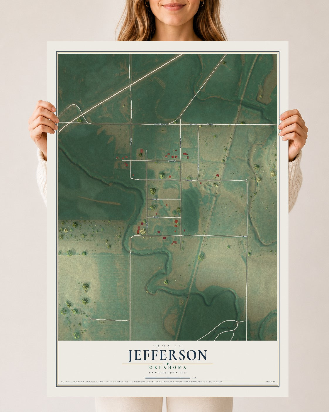 Map of Jefferson, Oklahoma, 24 x 36 inch unframed archival matte print