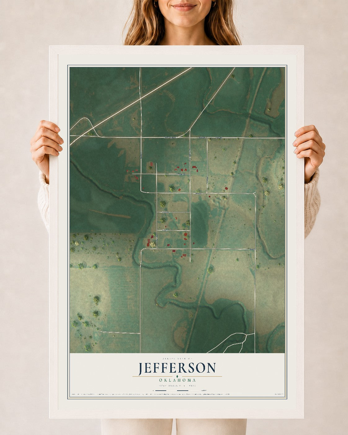 Map of Jefferson, Oklahoma, 24 x 36 inch print in a white wood frame
