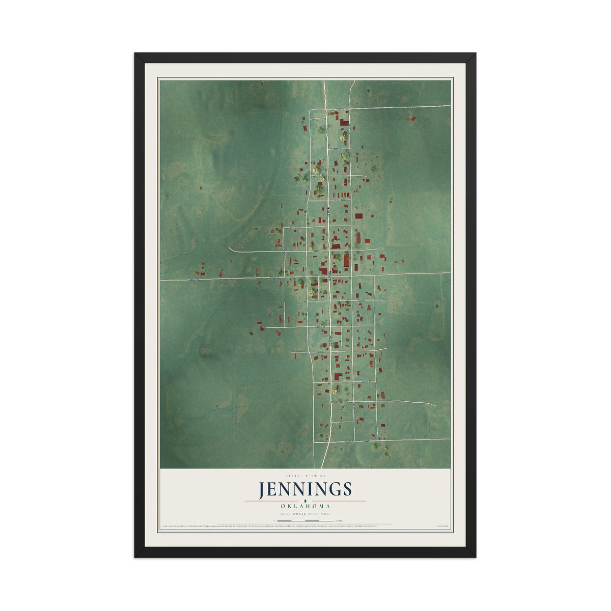 Map of Jennings, Oklahoma, 12 x 18 inch print in a black wood frame