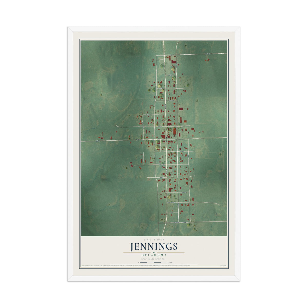 Map of Jennings, Oklahoma, 12 x 18 inch print in a white wood frame