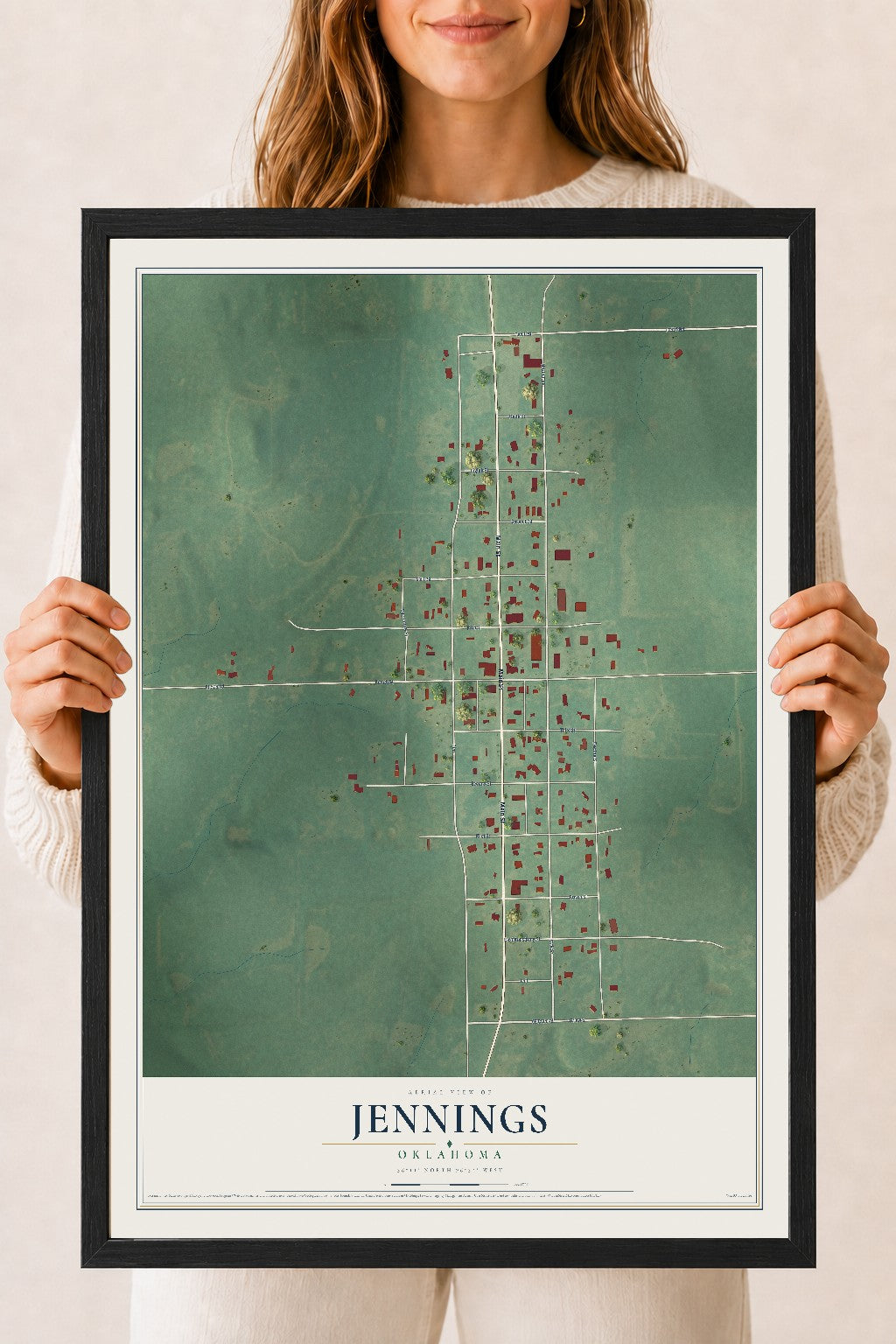 Map of Jennings, Oklahoma, 18 x 24 inch print in a black wood frame