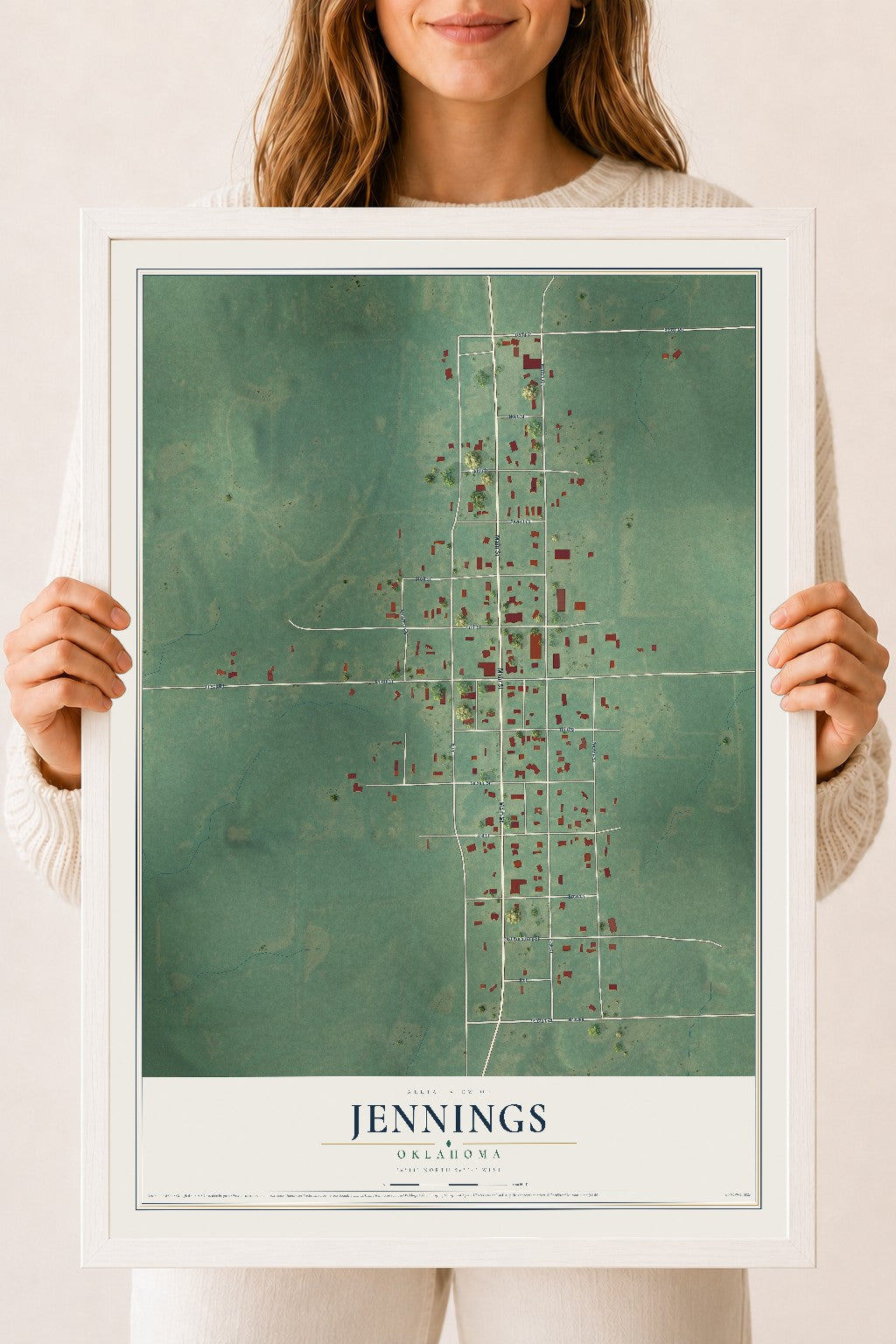 Map of Jennings, Oklahoma, 18 x 24 inch print in a white wood frame