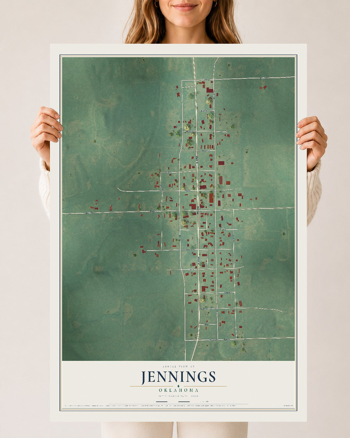 Map of Jennings, Oklahoma, 24 x 36 inch unframed archival matte print