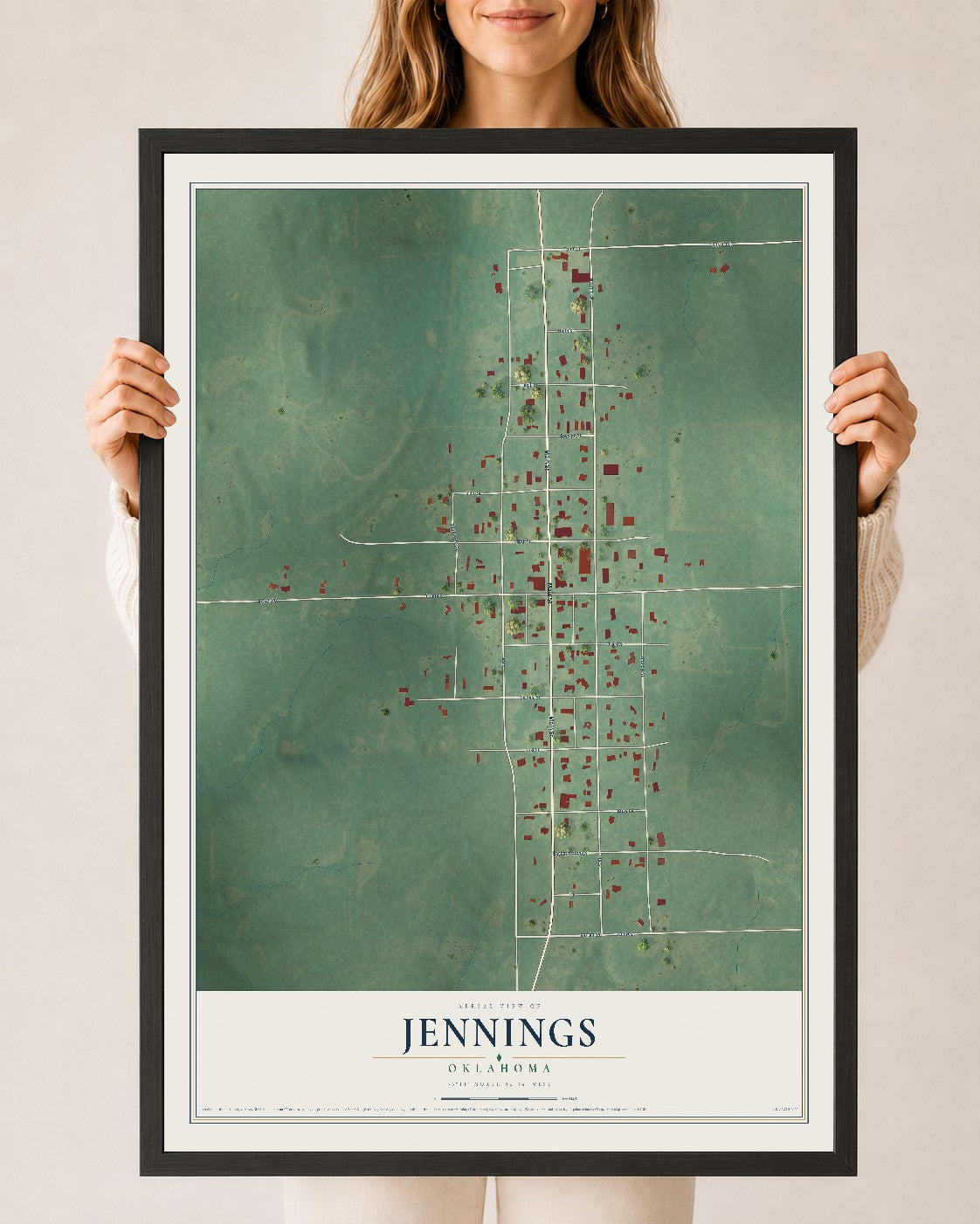 Map of Jennings, Oklahoma, 24 x 36 inch print in a black wood frame