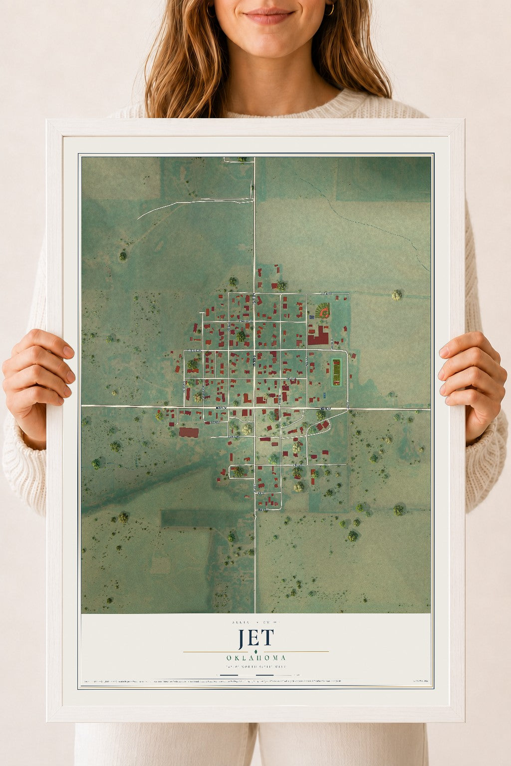 Map of Jet, Oklahoma, 18 x 24 inch print in a white wood frame