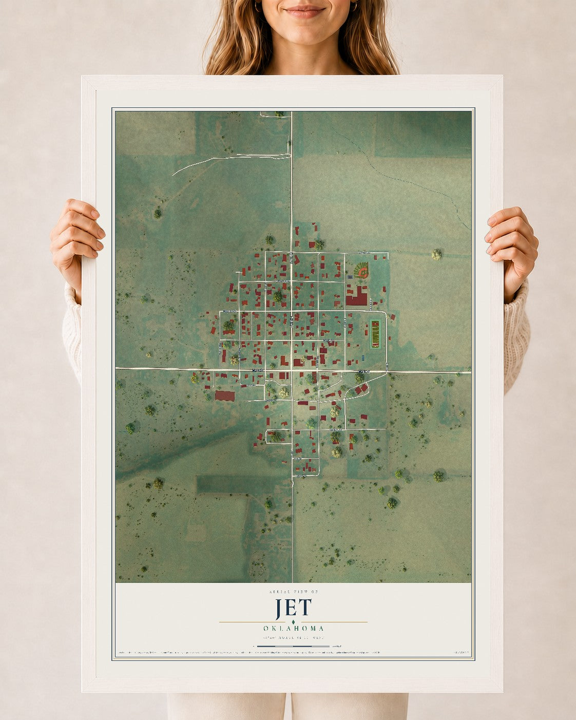 Map of Jet, Oklahoma, 24 x 36 inch print in a white wood frame