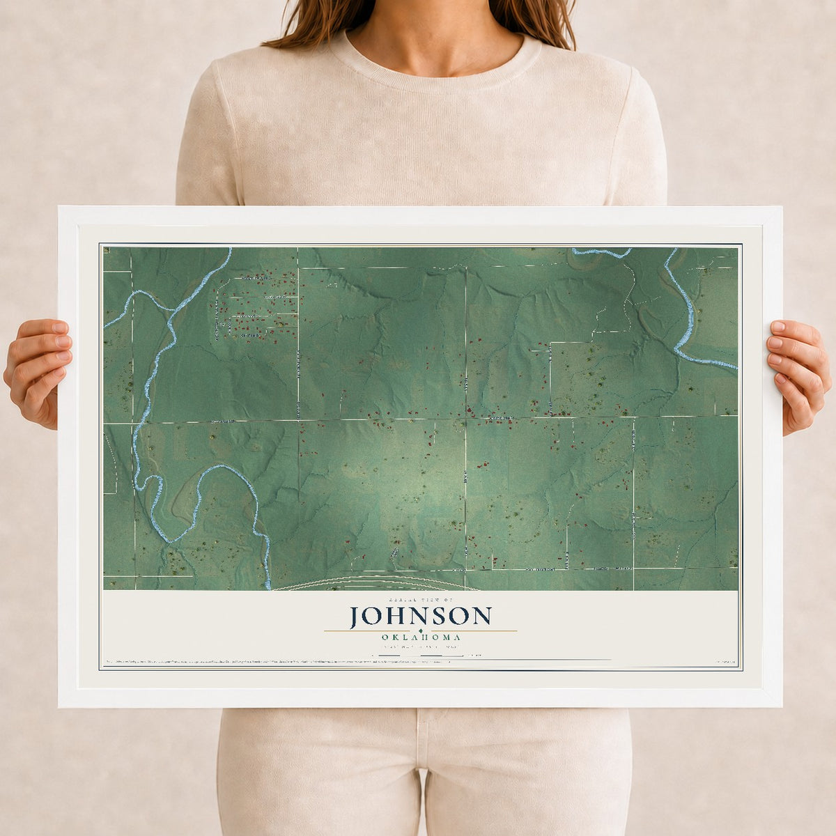 Map of Johnson, Oklahoma, 12 x 18 inch print in a white wood frame