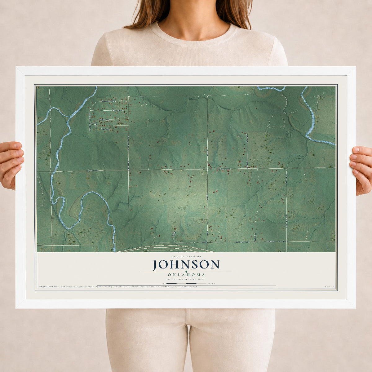 Map of Johnson, Oklahoma, 18 x 24 inch print in a white wood frame