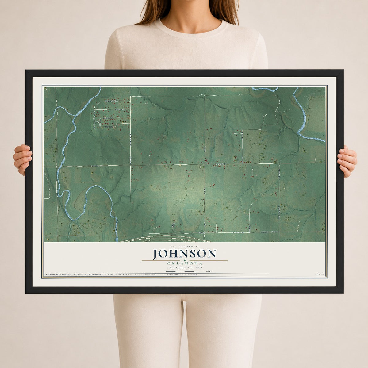 Map of Johnson, Oklahoma, 24 x 36 inch print in a black wood frame