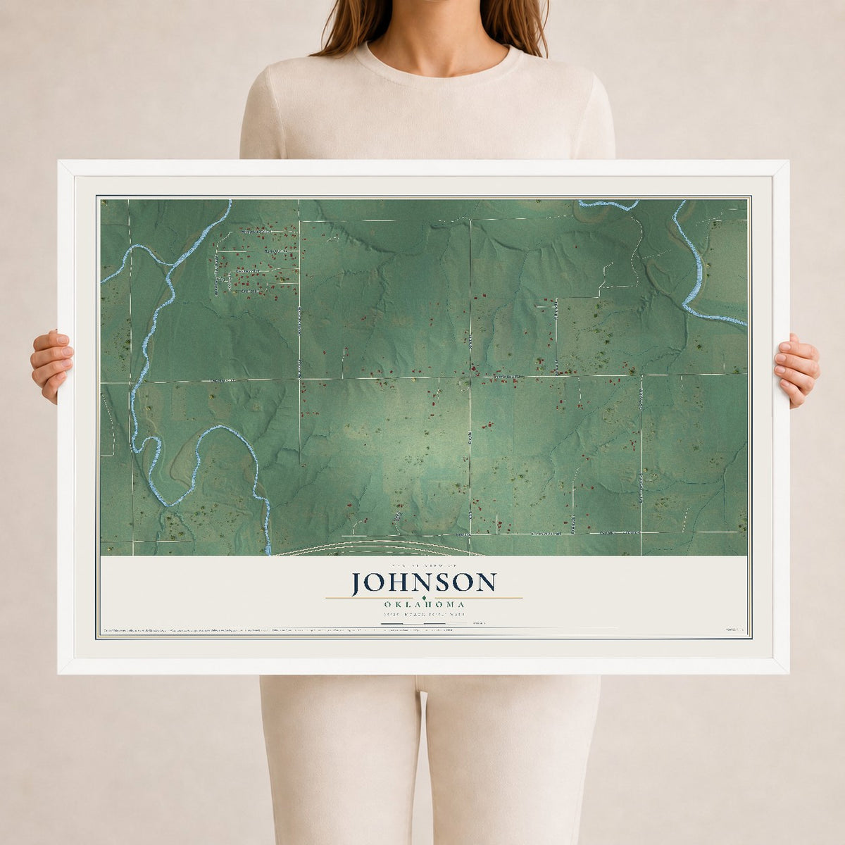 Map of Johnson, Oklahoma, 24 x 36 inch print in a white wood frame