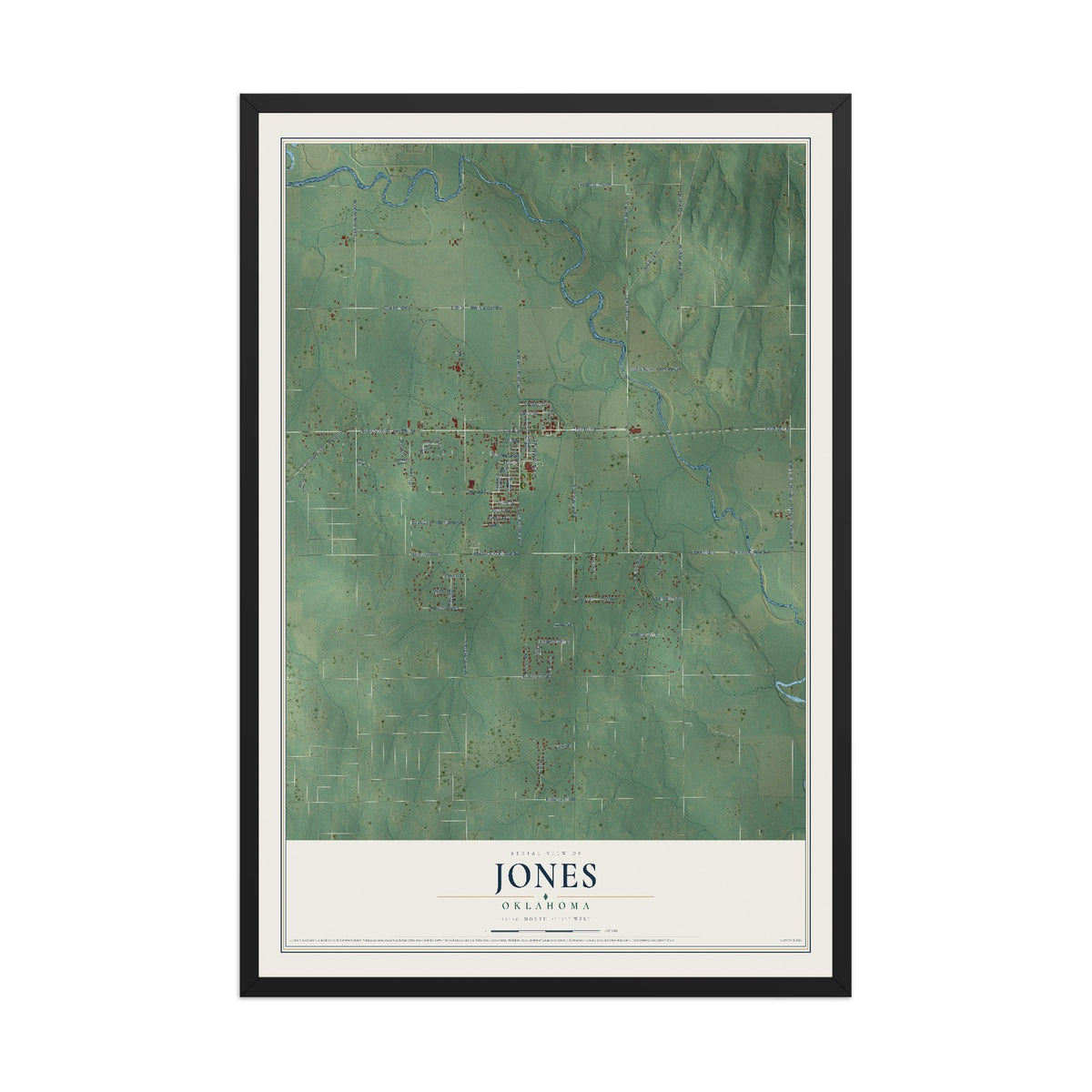 Map of Jones, Oklahoma, 12 x 18 inch print in a black wood frame
