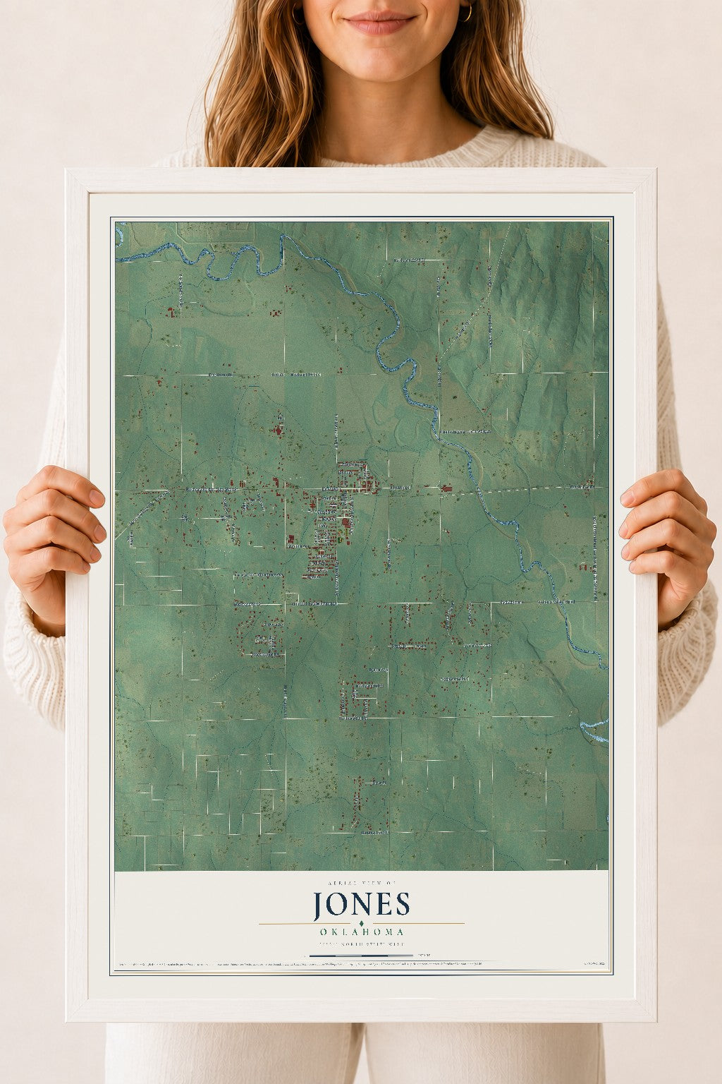 Map of Jones, Oklahoma, 18 x 24 inch print in a white wood frame