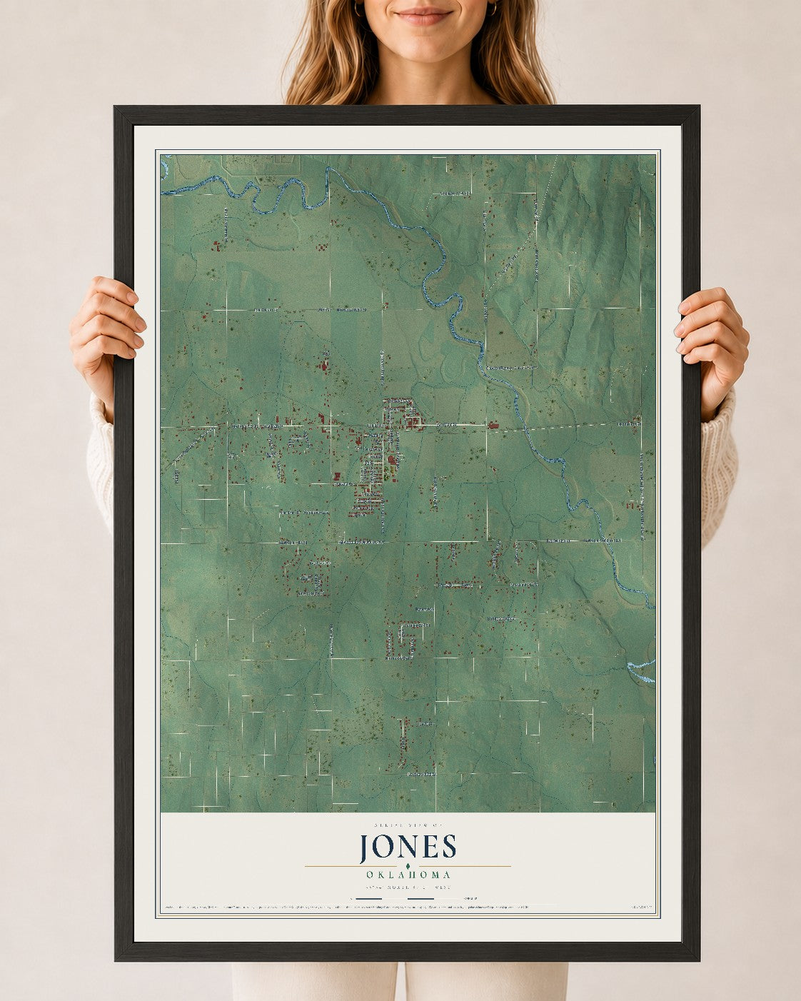 Map of Jones, Oklahoma, 24 x 36 inch print in a black wood frame