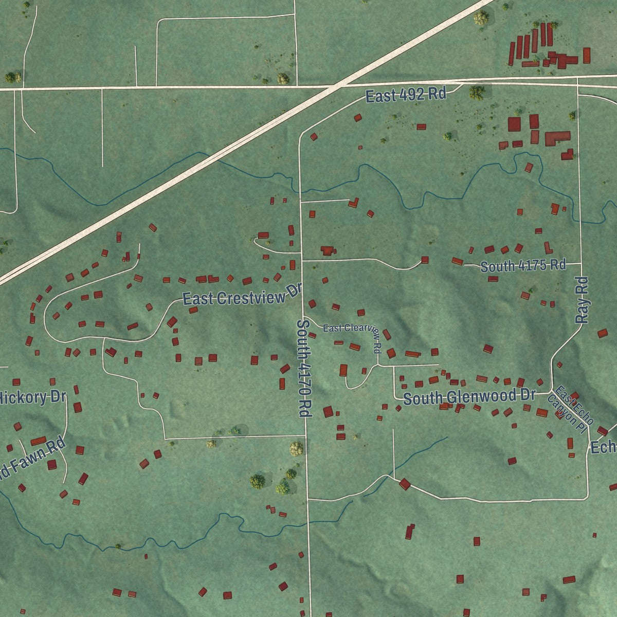 Close-up of the map of Justice, Oklahoma print showing street and building detail