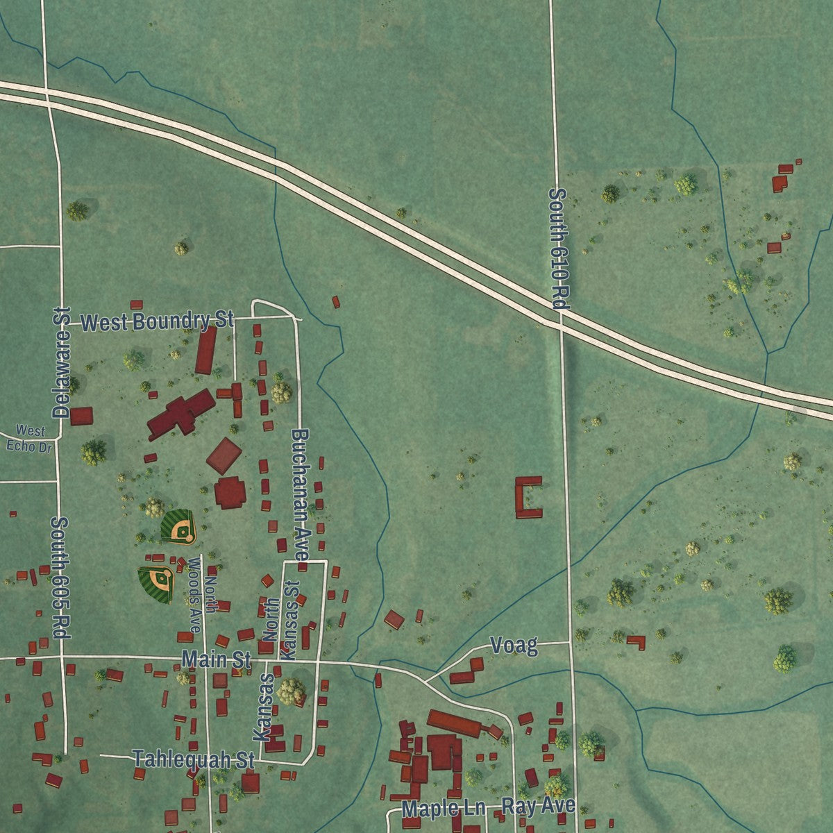 Close-up of the map of Kansas, Oklahoma print showing street and building detail