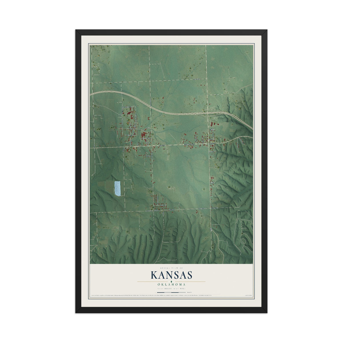 Map of Kansas, Oklahoma, 12 x 18 inch print in a black wood frame