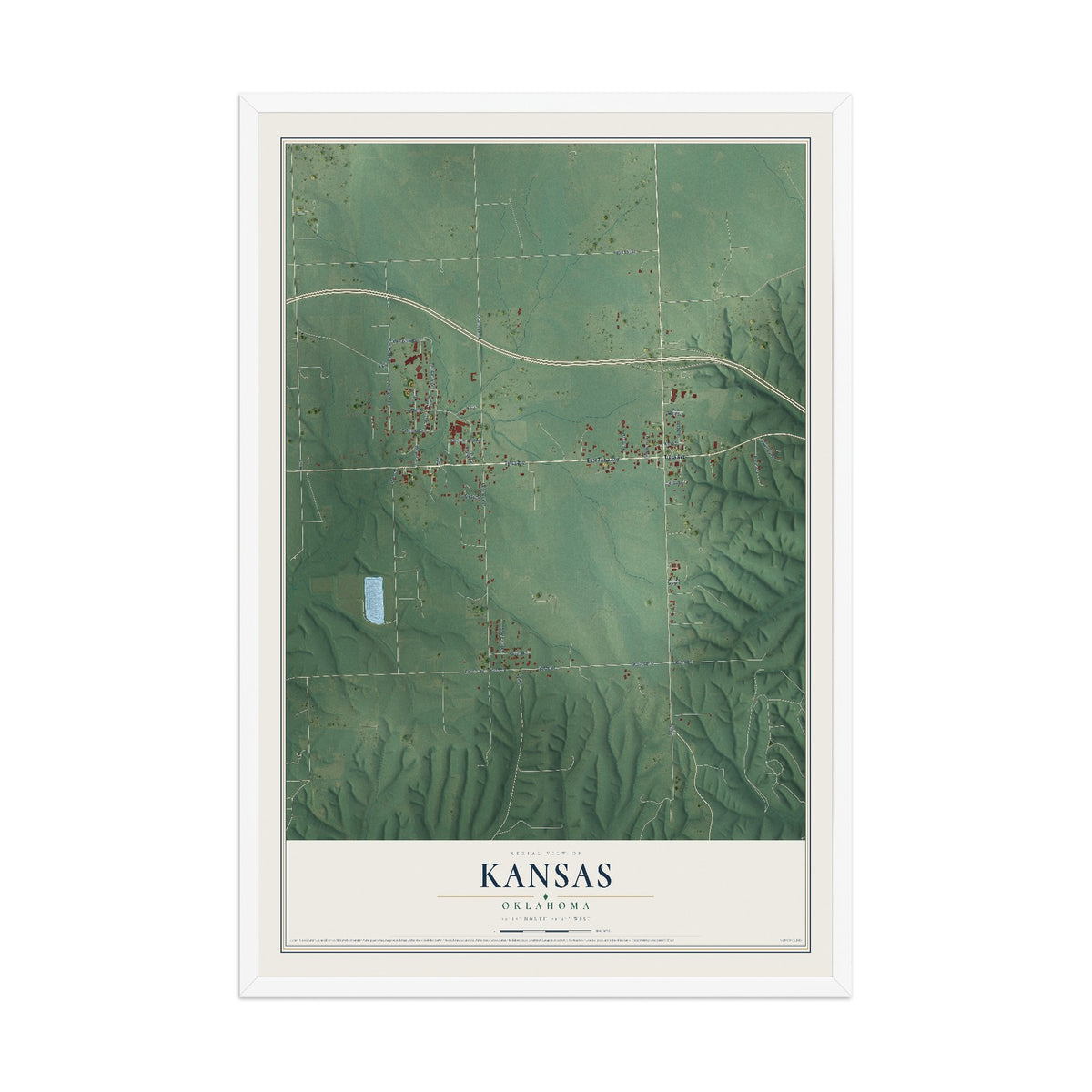 Map of Kansas, Oklahoma, 12 x 18 inch print in a white wood frame