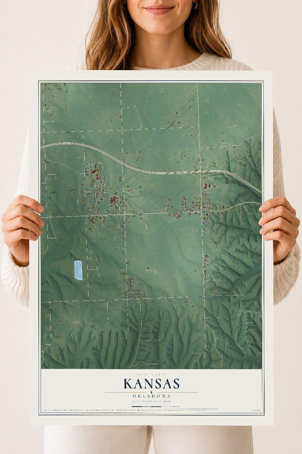 Map of Kansas, Oklahoma, 18 x 24 inch unframed archival matte print