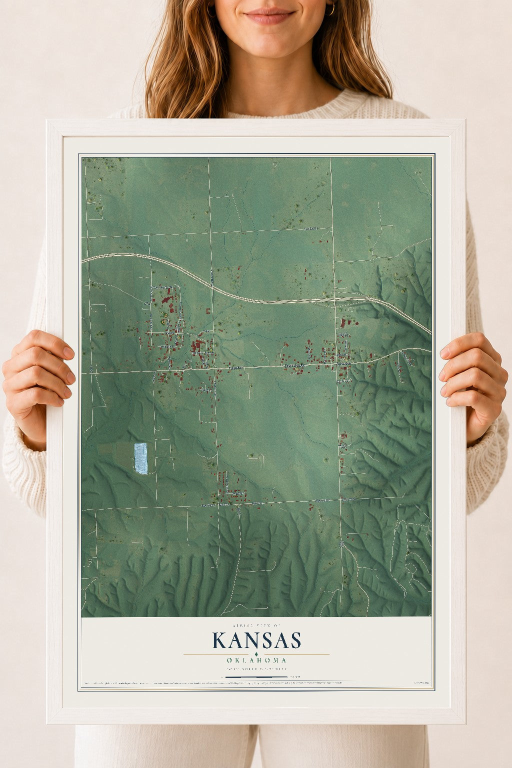 Map of Kansas, Oklahoma, 18 x 24 inch print in a white wood frame