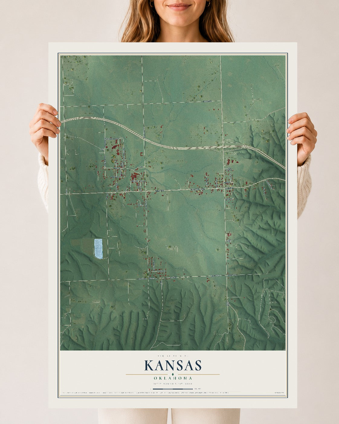 Map of Kansas, Oklahoma, 24 x 36 inch unframed archival matte print