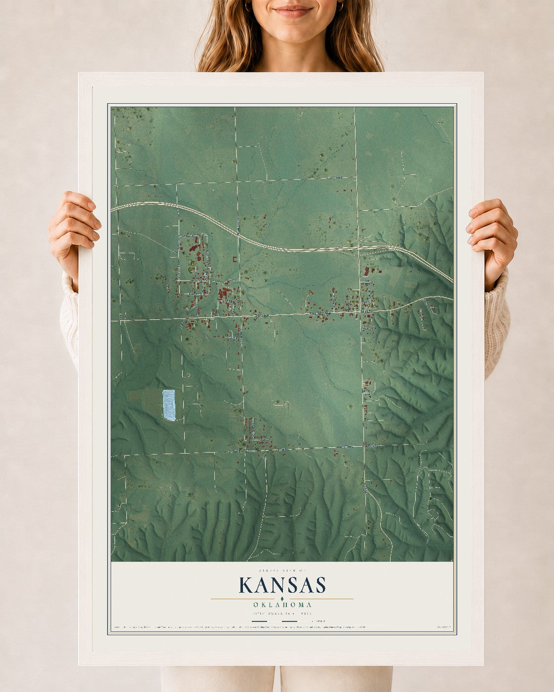 Map of Kansas, Oklahoma, 24 x 36 inch print in a white wood frame