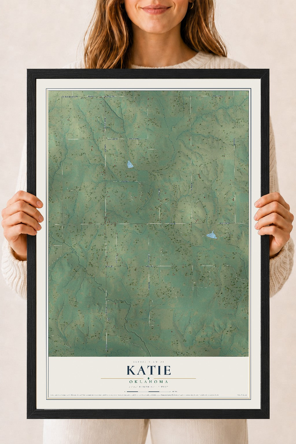 Map of Katie, Oklahoma, 18 x 24 inch print in a black wood frame