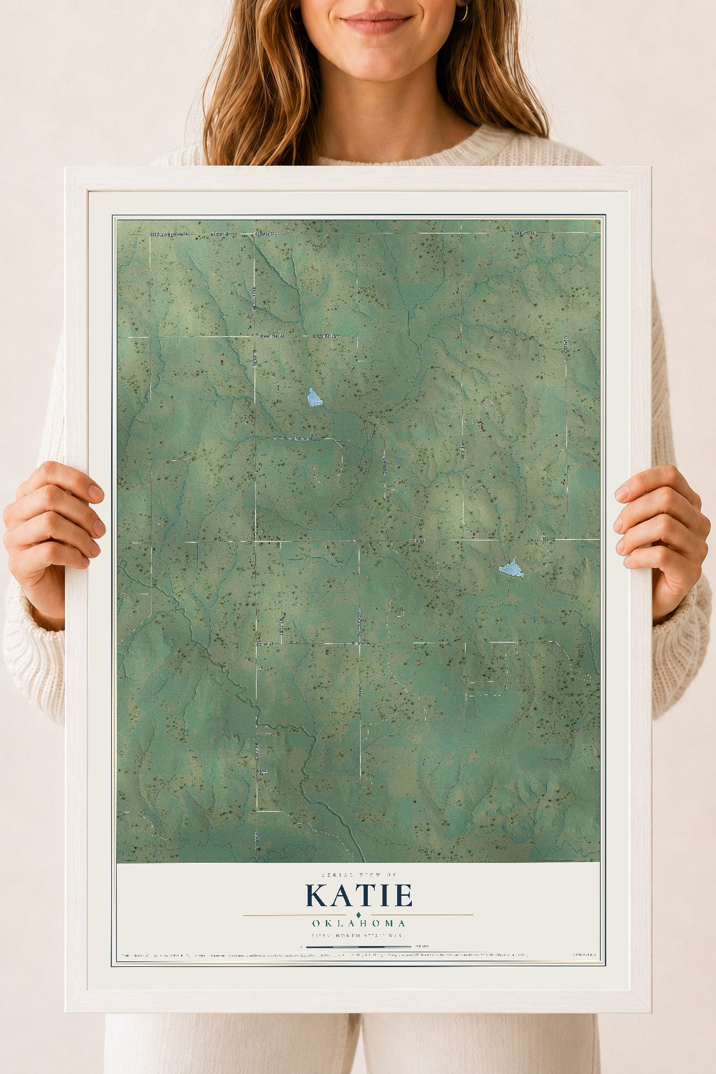 Map of Katie, Oklahoma, 18 x 24 inch print in a white wood frame