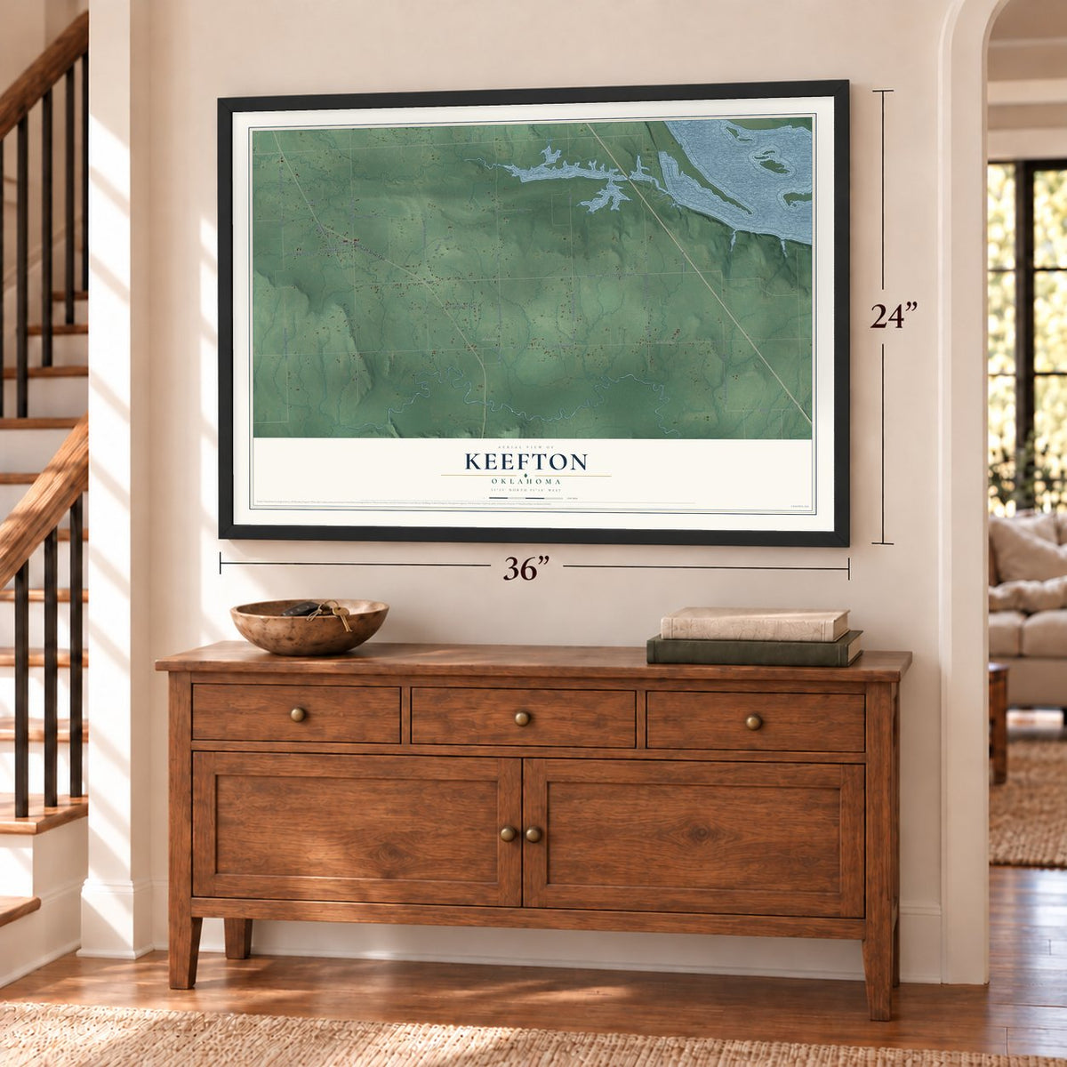 Keefton, Oklahoma map, 24 x 36 inch print in a black frame above a dresser by a staircase