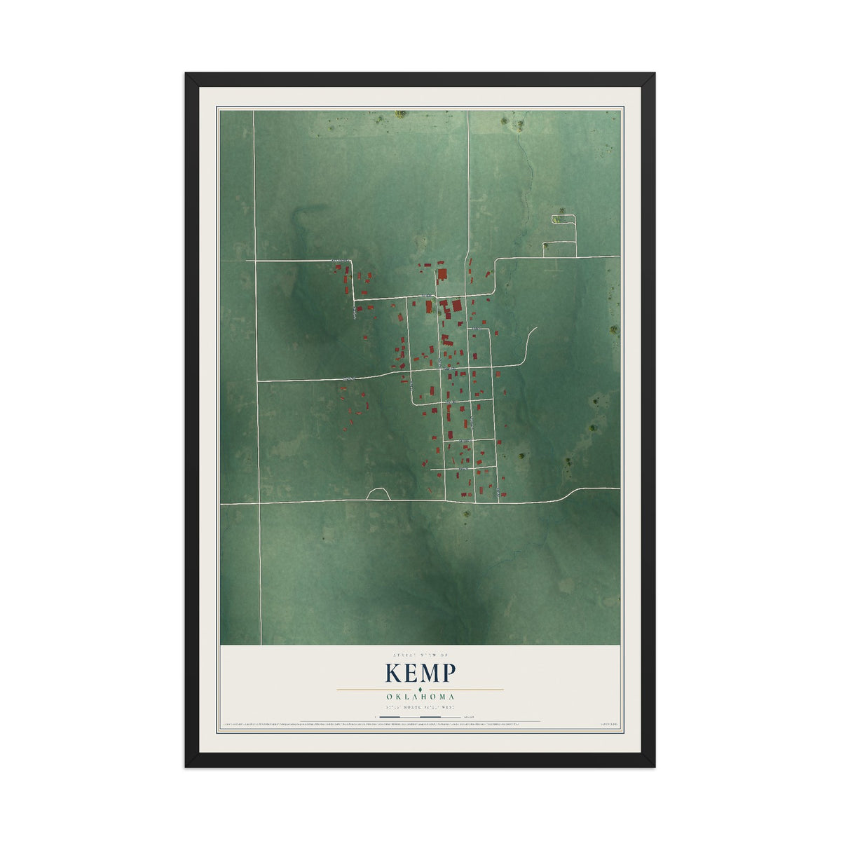 Map of Kemp, Oklahoma, 12 x 18 inch print in a black wood frame