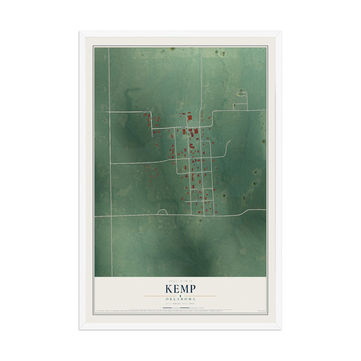 Map of Kemp, Oklahoma, 12 x 18 inch print in a white wood frame