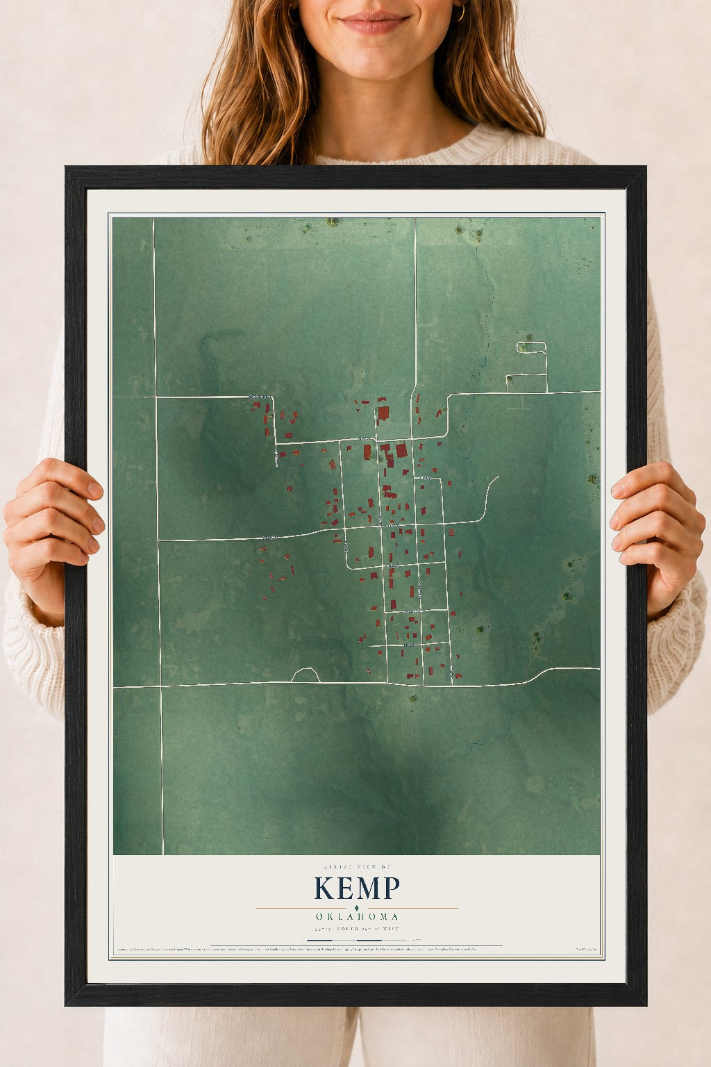 Map of Kemp, Oklahoma, 18 x 24 inch print in a black wood frame